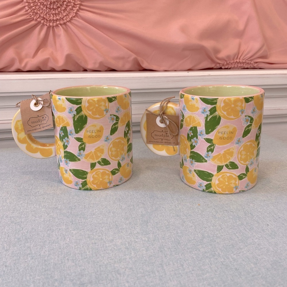 Mud Pie “Peelin’ Good” Pink Mugs with Lemons (set of 2)